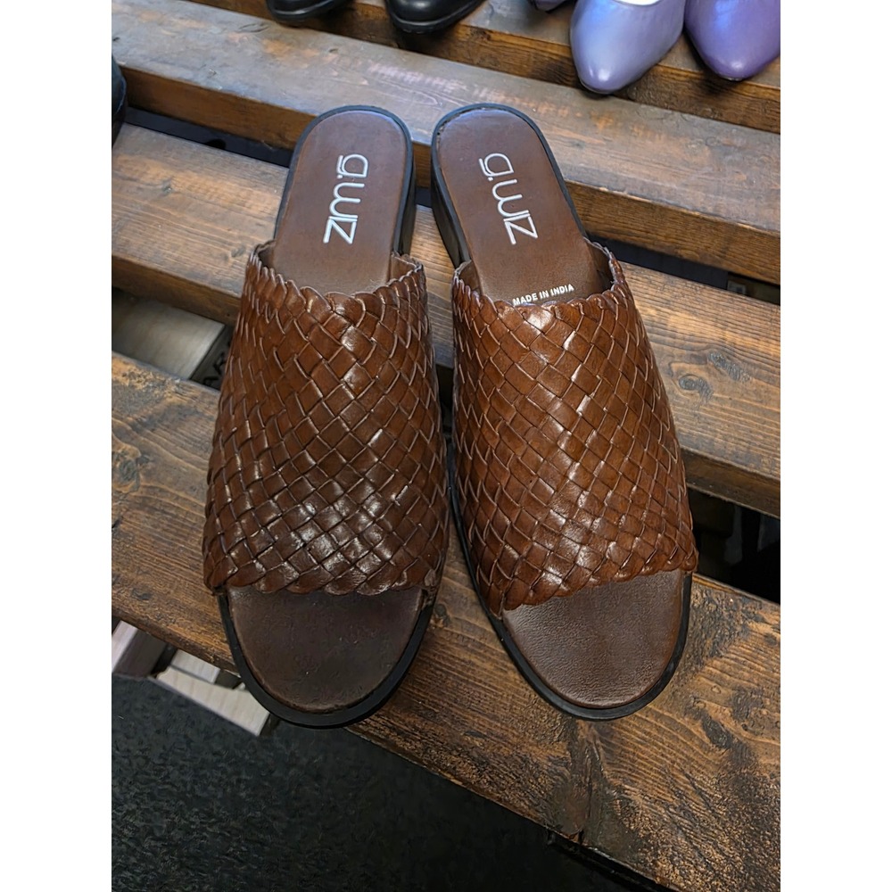 G.Wiz Alanis Womens 9M Brown Woven Leather Slide Sandals Low Block Heel Mules